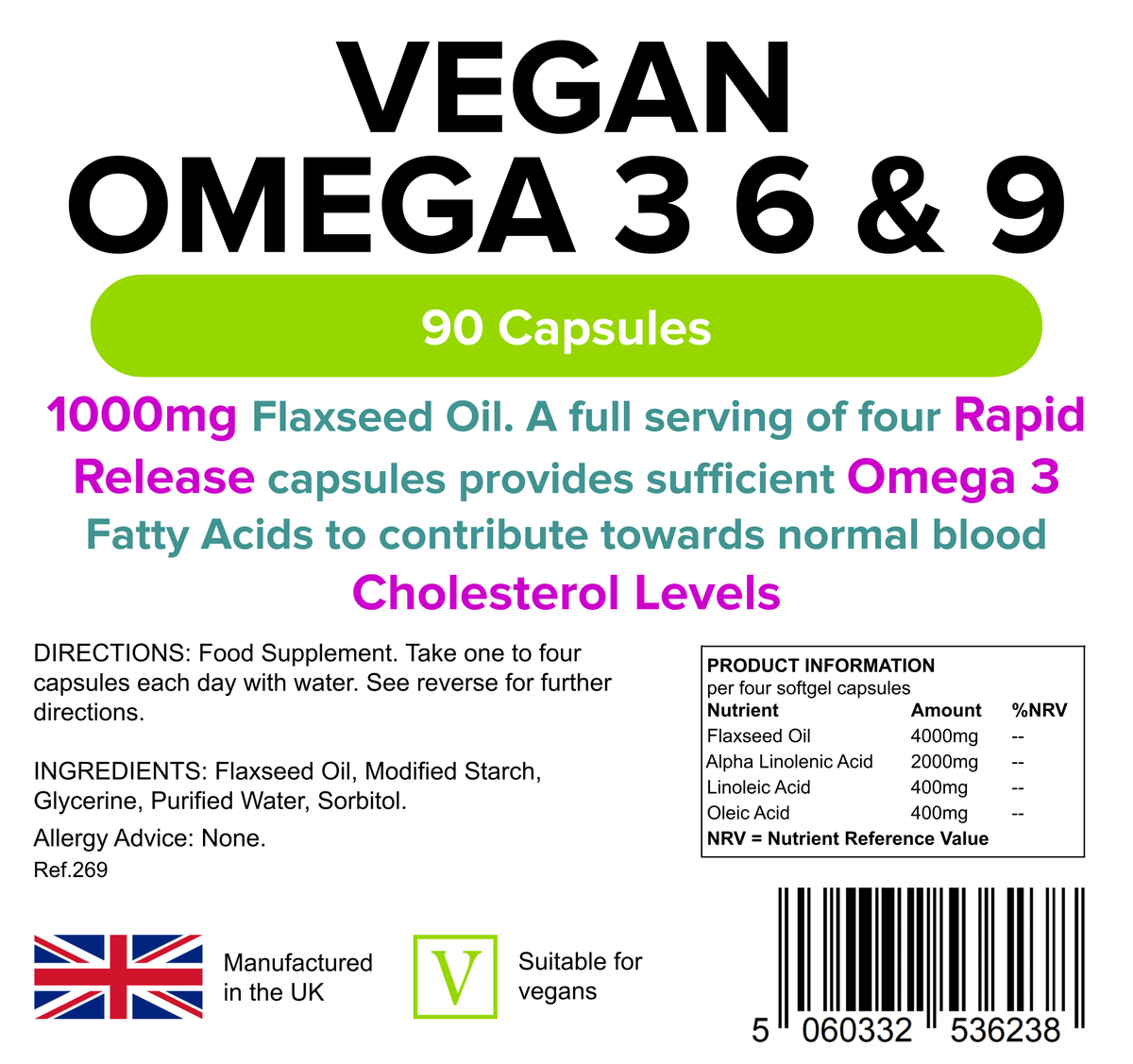 Vegan Omega 3 6 & 9 (Flaxseed) 1000mg Capsules | Omega 3, 6 & 9