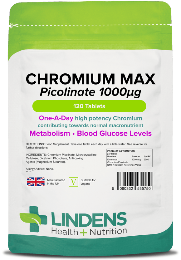 Chromium Max 1000mcg Picolinate Tablets lindensUK 120 