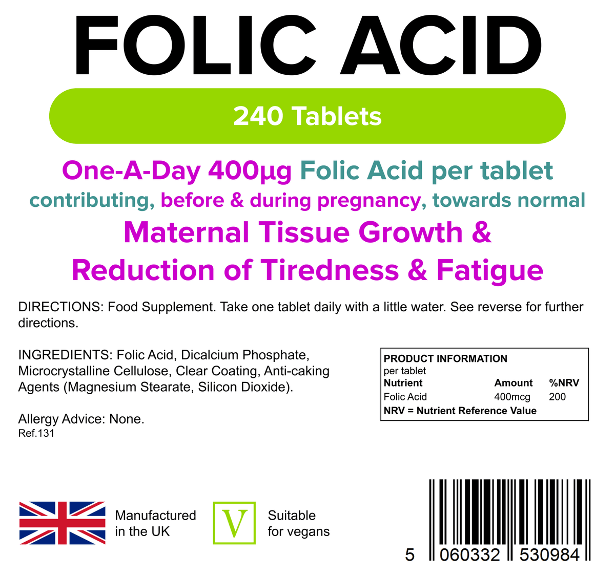 Folic Acid 400mcg Tablets | Vitamins | Lindens – Lindens Health + Nutrition