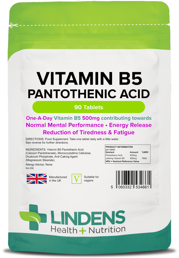 Vitamin B5 Pantothenic Acid 500mg Tablets lindensUK 90 