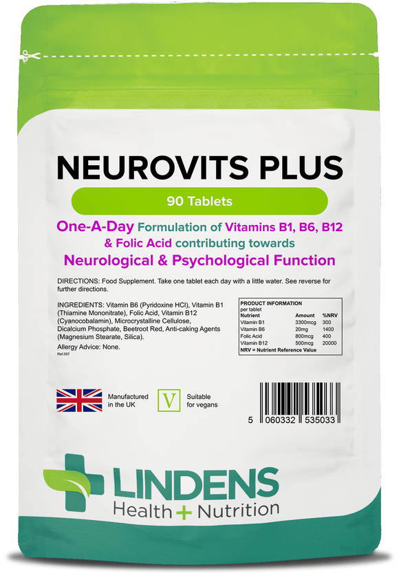 Neurovits Plus (B1, B6, B12, Folic Acid) Tablets lindensUK 90 