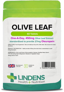 Olive Leaf 450mg (27mg oleuropein) Tablets lindensUK 60 