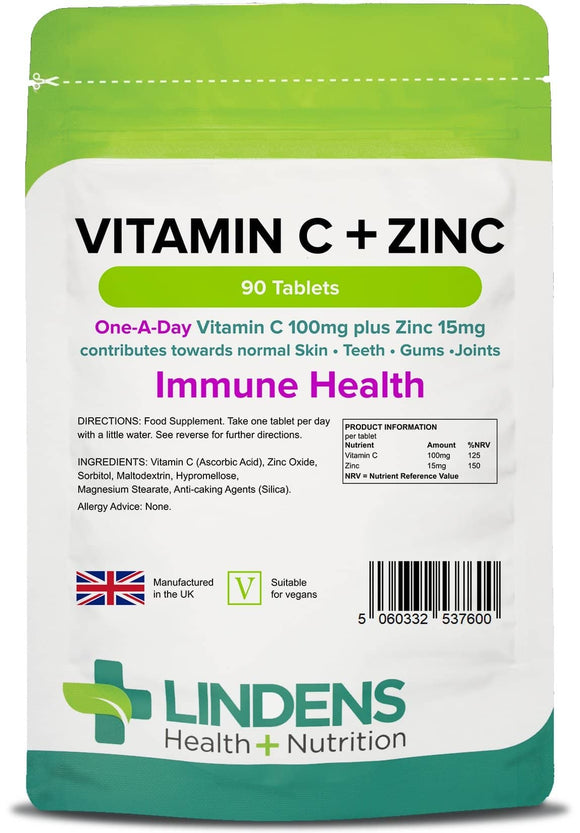 Vitamin C + Zinc Tablets 90 Pack Lindens Heath + Nutrition 90 